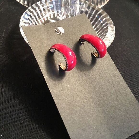 Red and Gold Enamel Half Hoop Earrings - Picture 1 of 4